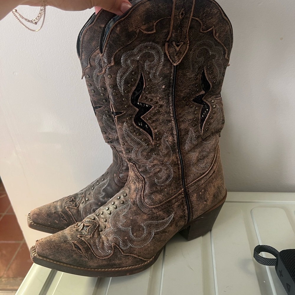 LUCRETIA STUDDED SNAKE INLAY WESTERN BOOTS - SNIP TOE